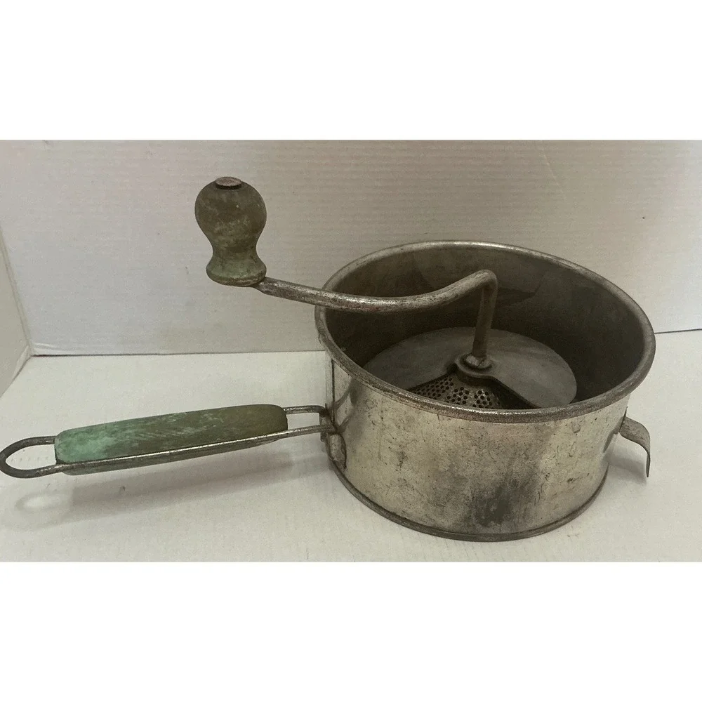 Foley Vintage Food Mill Hand Crank Green Wood Handle Kitchen Tool Farmhouse Deco